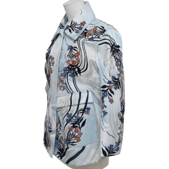 H&M CONSCIOUS Coat Jacket Blue Velvet Floral Embroidery Long Sleeve S BNWT - Picture 2 of 8